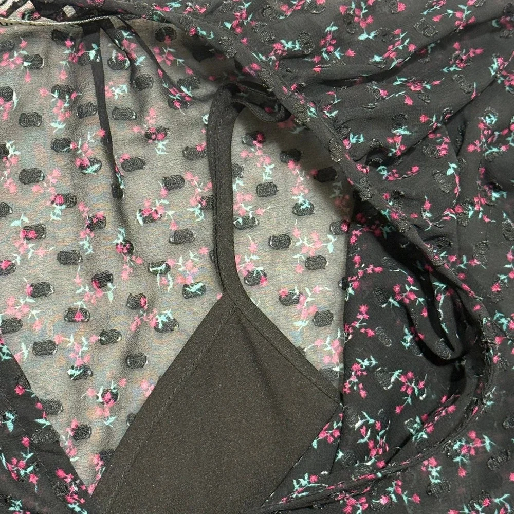 Zara Basic Black Floral Chiffon Mini Dress XS‎ Sheer Long Sleeve Ruffle Trim